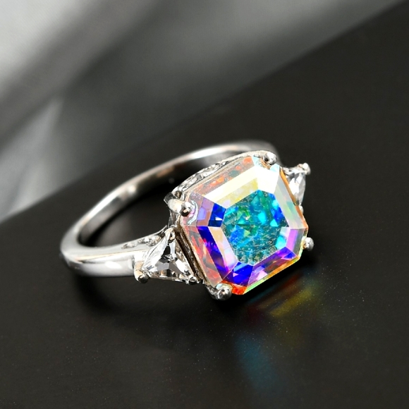 Swarovski Crystal Aurora Borealis, Emerald Cut Ring 925 Solid Sterling Silver. 8 - Picture 3 of 8